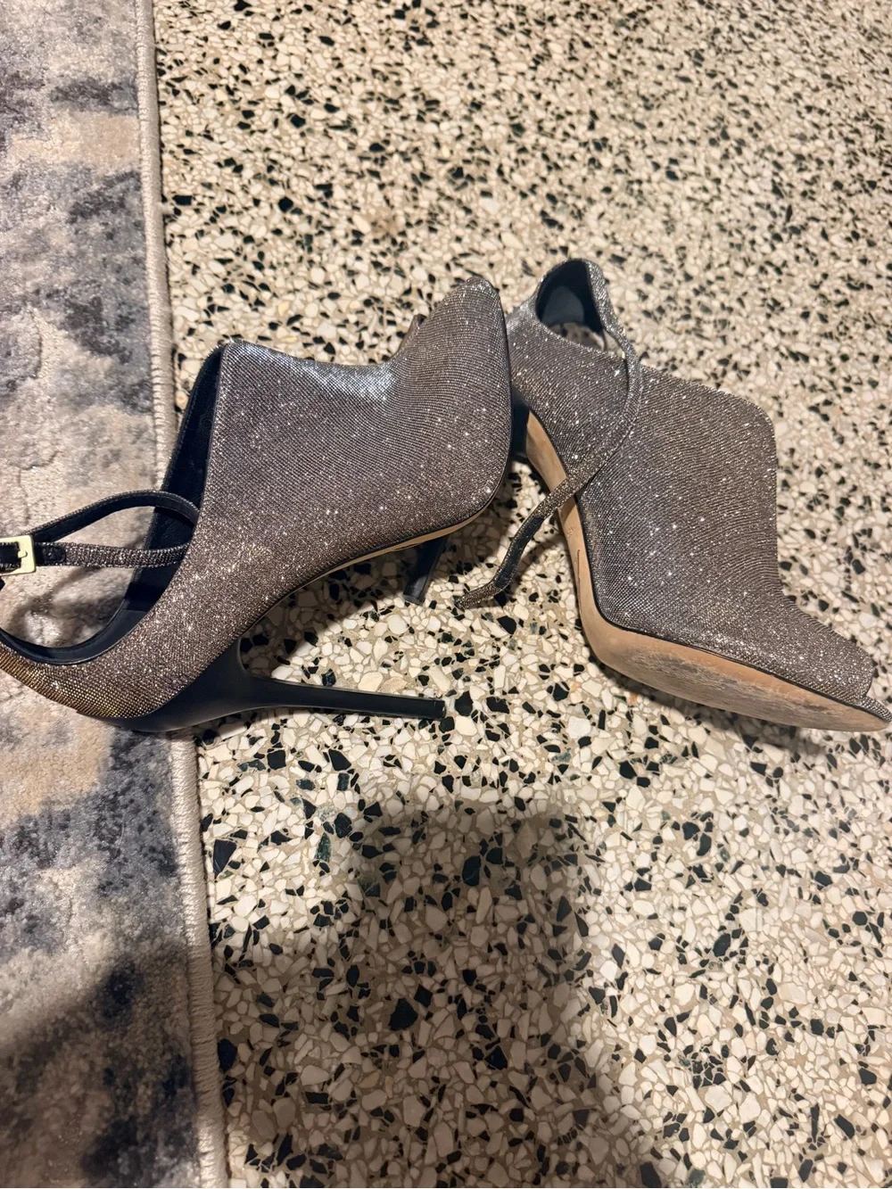 Brian Atwood Metallic Black and Gold Peep-Toe Slingback Heels